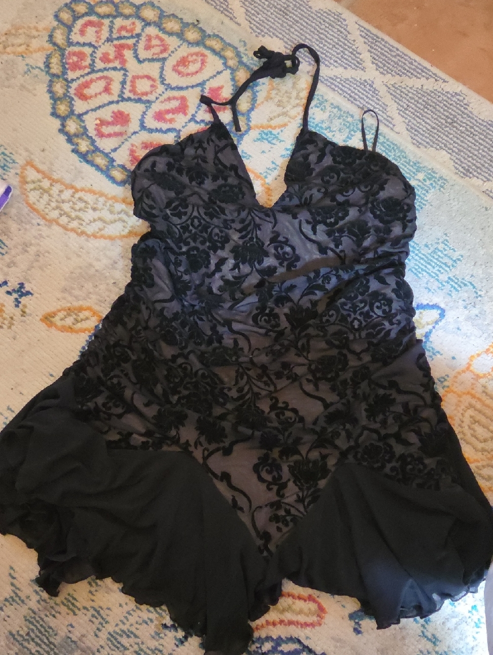 SHEIN Black Curve Lace Burnout Slip Dress With Shorts Attached